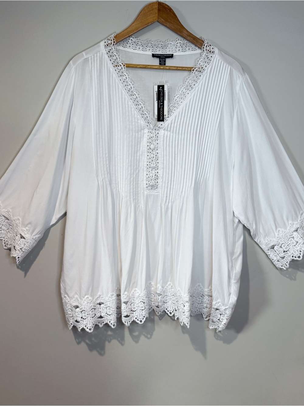 Chelsea & Theodore NWT White Pintuck Lace Trim Top Boho Cottagecore Coastal 2X